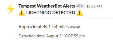 Slack Tempest WeatherBot alert notification for a close lightning strike